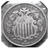 1867 SHIELD NICKEL RAYS VG