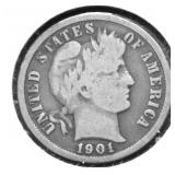1901 BARBER DIME VG