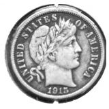 1915 BARBER DIME VF