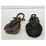 2 Primitive Wooden Pulleys