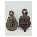 2 Primitive Wooden Pulleys