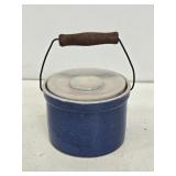 Blue Stoneware Butter Crock with Lid and Bail
