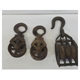 3 Primitive Cast Iron & Steel Pulleys