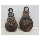2 Primitive Wooden Pulleys
