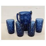 Tiara Crown Imperial Blue Glass Pitcher & Tumblers