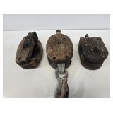 3 Primitive Wooden Block Pulleys