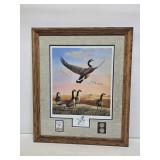 1991 Leo Stans Geese Print with Stamp and Coins