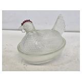 Clear Glass Hen on Nest with Red Comb
