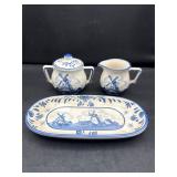 Delft Blue hand-painted pottery cream sugar w tray