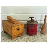 Shoe cleaning kit wooden masher & Vtg gas can