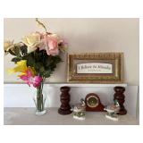Wooden candle holders, mallard ducks mantel clock