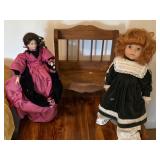 Vintage doll bench & 2 dolls