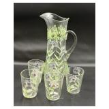 Hand painted glass pitcher and glasses