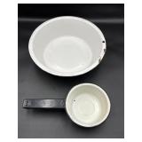 Vintage enameled bowl and sauce pot