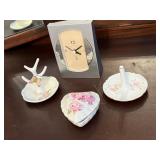 Vintage lidded dish, ring holders and clock