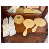 Vintage vanity mirrors, hair receiver & gloves