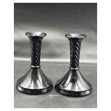 vtg Black Glass Candle Holders Twisted Column