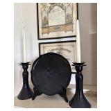 Black glass plate & candle holders