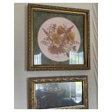 Small gold tone mirror & Vtg pressed flowers