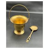 Vintage brass label spoon and brass bucket planter
