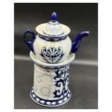 BOMBAY CO BLUE WHITE PORCELAIN TEA POT & WARMER