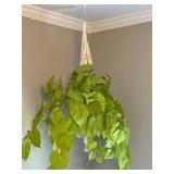 Hanging artificial plant macrame & wood base