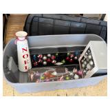 Large tote & lid with ornaments & Noel vase