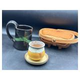 Basket, planter & saucer, pottery mug