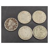 5 Antique USA Liberty Nickels
