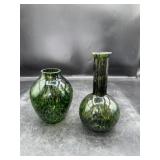 Pair Green Art Glass Bud Vases