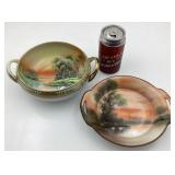 Bol et plat de service Noritake, peints main,