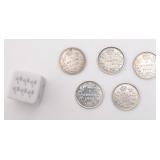 5 pièces de 5 cents canadiennes, avec argent,