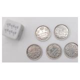 5 pièces de 5 cents canadiennes, avec argent,