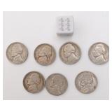 7 pièces de 5 cents américaines, Jefferson, 1938,