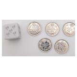 5 pièces de 5 cent, Canada, avec argent,