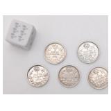 5 pièces de 5 cents canadiennes, avec argent,