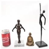 3 figurines, Bouddha en laiton, femme en fer