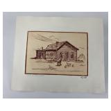 Ace Powell Etching Sepia tone Frontier Cabin