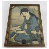 Antique Japanese Woodblock Print Woman with Censor