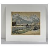 Antique Serigraph on Silk Cabins in Snow