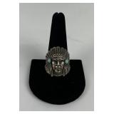 Indian Chief Turquoise Sterling Silver Biker Ring