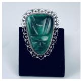 Taxco Mexico Sterling Malachite Aztec Face Brooch