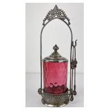 Antique Cranberry Thumbprint Glass Pickle Caster