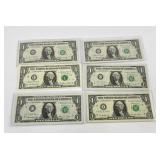 Lot of 6 Uncirculated $1 Notes