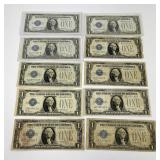 Lot of 10 1928 Blue Seal $1 Silver Certificates