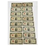 Lot of 16 Red Seal 1928 $2 Notes