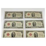 Lot of 7 Red Seal 1928 $2 Notes