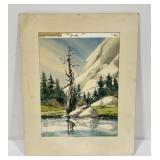 Large Watercolor Painting of Mountains