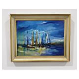 Sailboats in Harbor Oil on Board Painting