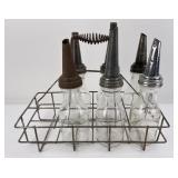 Antique Oil Bottle Carrier w/ Embossed Bottles